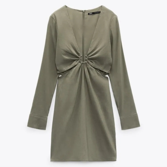 Zara Olive Green Linen Cut Out Mini Dress Size XS - Picture 6 of 12